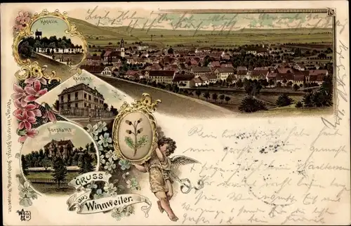 Litho Winnweiler im Donnersbergkreis, Kapelle, Rentamt, Forstamt, Panoramaansicht, Wappen