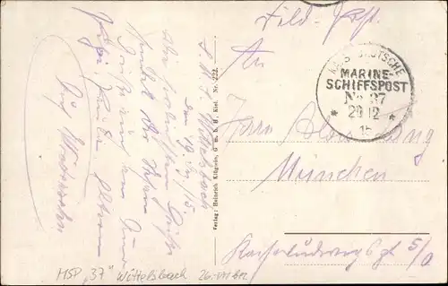 Ak Stempel Marinepost MSP Nr. 37, Linienschiff SMS Wittelsbach