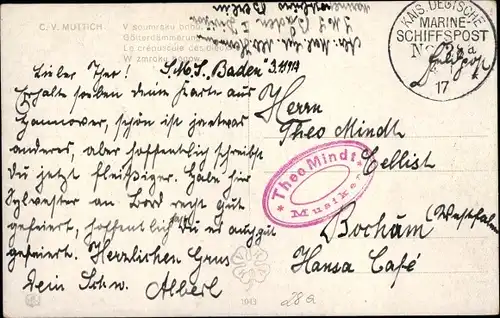 Ak Stempel Marinepost MSP Nr. 28a, Linienschiff SMS Baden II