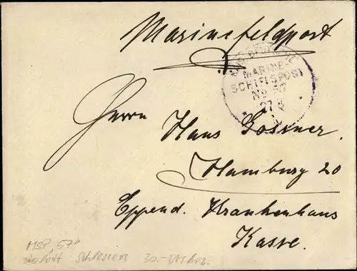 Briefumschlag Stempel Marinepost MSP Nr. 57, Linienschiff SMS Schlesien, violett