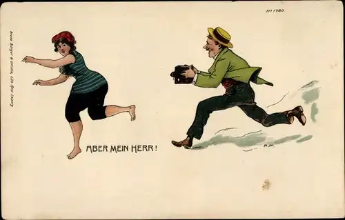 Litho Aber mein Herr! Frau in Bademode flieht vor Mann mit Fotoapparat, BB&OL