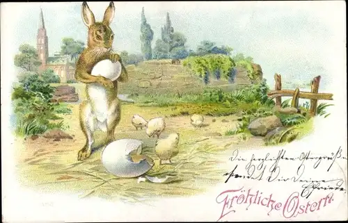 Litho Glückwunsch Ostern, Osterhase, Küken