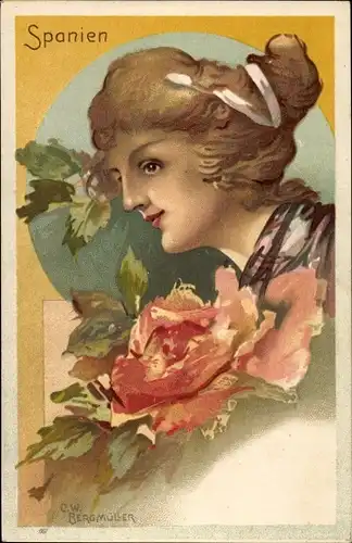 Künstler Ak Bergmüller, C. W., Spanien, Frauenportrait, Blüten