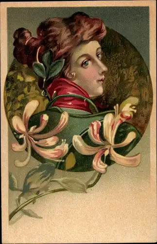 Litho Frauenportrait, Blumen, Blüten