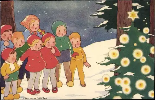 Künstler Ak Willes, L. van, Kinder am Weihnachtsbaum