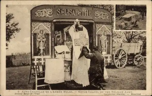 Ak Auto Chapelle de l'Armee Belge, Motor Chapel of the Belgian Army, Gottesdienst, Belgischer Soldat