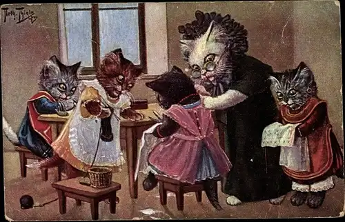 Künstler Ak Thiele, Arthur, Vermenschlichte Katzen, nähen, stricken, sticken, Großmutter