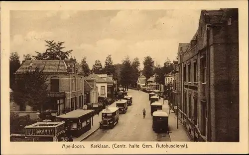 Ak Apeldoorn Gelderland, Kerklaan, Centr. halte Gem. Autobusdienst