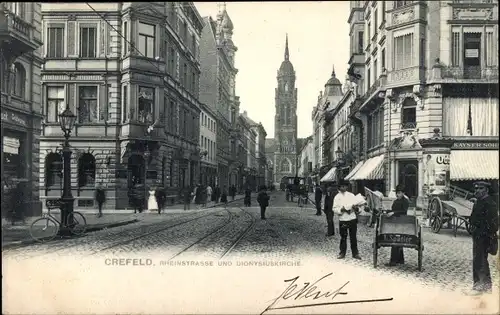 Ak Krefeld am Niederrhein, Rheinstraße und Dionysiuskirche, Litfaßsäule, Reklame Odol