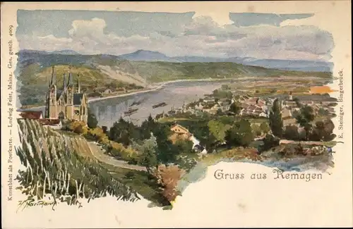 Künstler Litho Hartmann, Remagen am Rhein, Panorama von Stadt und Umgebung