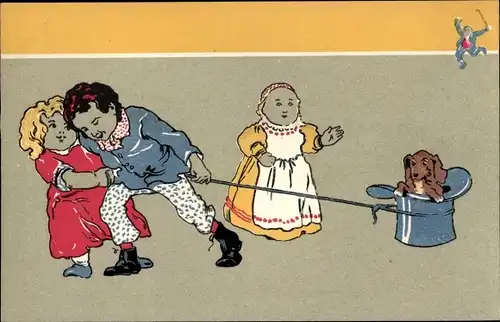 Ak Spielende Kinder, Hund im Hut