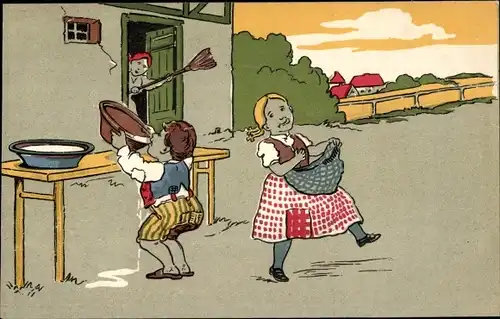 Künstler Ak Junge trinkt Milch, Verärgerte Bäuerin mit Besen