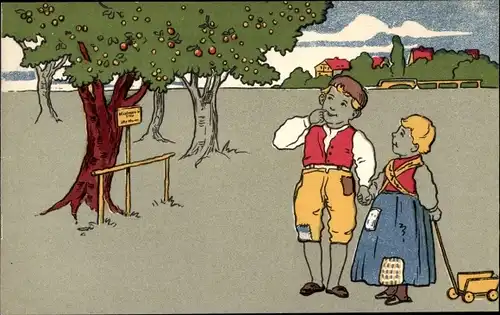 Künstler Ak Kinder an einem Obstbaum, Spielzeug