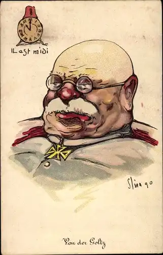 Künstler Ak Slimgo, Colmar Freiherr von der Goltz, Generalfeldmarschall, französische Karikatur