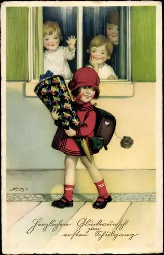 Künstler Ak Baumgarten, Fritz, Glückwunsch Einschulung, Zuckertüte, Mädchen
