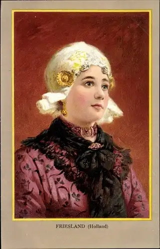 Litho Friesland Niederlande, Frau in niederländischer Tracht, Portrait