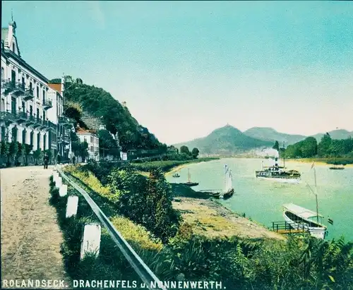 Chromo Foto Rolandseck Remagen am Rhein, Panorama mit Drachenfels, Nonnenwerth