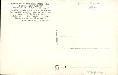 Ak Giethoorn Overijssel Niederlande, Bondshotel Pension Prinsen Beulakker Wiede