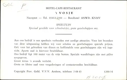 Ak Nunspeet Gelderland, Hotel Restaurant 't Vosje