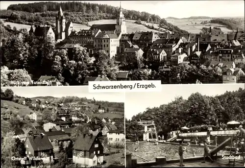 Ak Schwarzenberg im Erzgebirge Sachsen, Blick vom Totenstein, Stadtbad, Ortsteil Wildenau