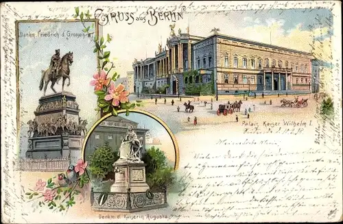 Litho Berlin Mitte, Denkmal Friedrich d. Großen, Palais Kaiser Wilhelm I., Kaiserin Augusta Denkmal