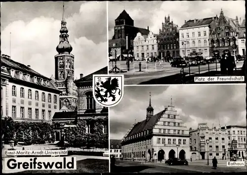 Ak Hansestadt Greifswald, Platz der Freundschaft, Rathaus, Ernst-Moritz-Arndt-Universität, Wappen