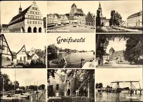 Ak Hansestadt Greifswald, Klosterruine, Rathaus, Ernst-Moritz-Arndt-Universität, Brücke