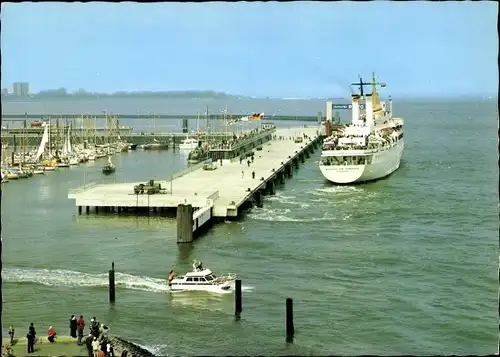 Ak Nordseebad Cuxhaven, Neue Seebäderbrücke, Schiff, Boote, Hafen