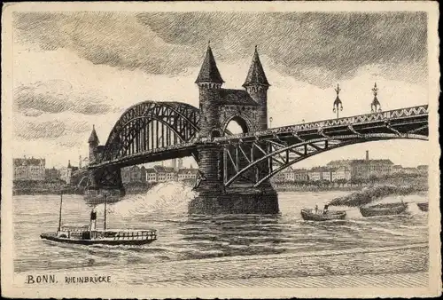 Künstler Ak Bonn am Rhein, Rheinbrücke, Schiffe