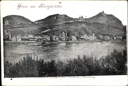 Ak Königswinter am Rhein, Totalansicht mit Drachenfels und Hirschberg