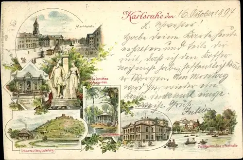 Litho Karlsruhe, Marktplatz, Malschbrunnen, Hoftheater, Schwarzwaldhaus, Schlossgarten