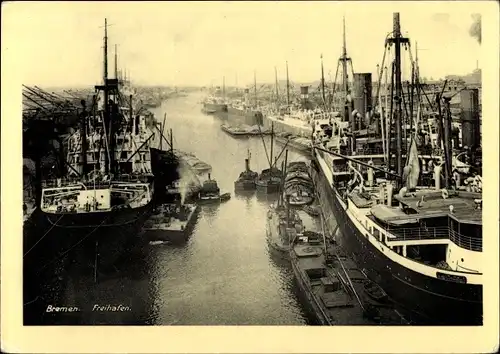 Ak Hansestadt Bremen, Freihafen, Schiffe