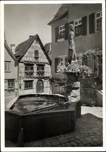 Ak Marbach am Neckar, Schillers Geburtshaus, altertümlicher Brunnen mit dem Wilden Mann