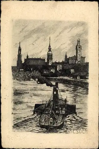 Künstler Ak Dresden, Blick auf Ufer, Kirchtürme, Schiff