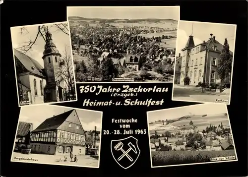 Ak Zschorlau Erzgebirge, Heimat und Schulfest 1963, Gesamtansicht, Rathaus, Kirche