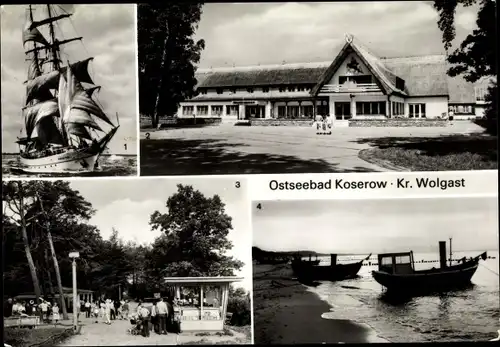 Ak Ostseebad Koserow auf Usedom, Segelschiff Wilhelm Pieck, Forstferienobjekt Damerow, Fischerboote