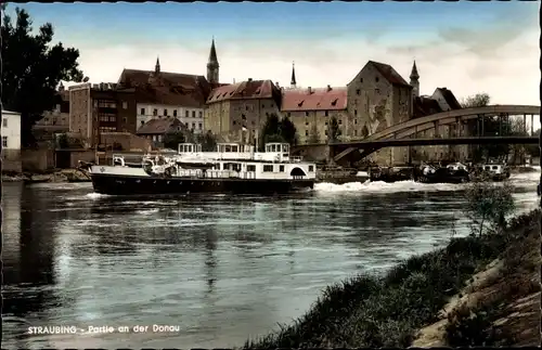 Ak Straubing an der Donau Niederbayern, Partie an der Donau, Schiff, Brücke