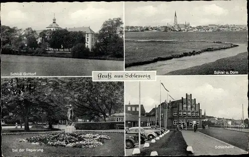 Ak Schleswig an der Schlei, Schloss Gottorf, Schlei und Dom, Bei der Regierung, Schleihalle