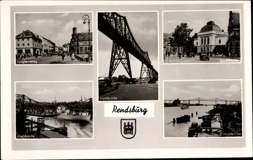 Ak Rendsburg in Schleswig Holstein, Jungfernstieg, Stadttheater, Drehbrücke, Hochbrücke, Wappen