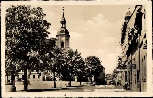 Ak Triptis in Thüringen, Markt, Kirche, Hotel Mohren, Polstereigeschäft, Litfaßsäule