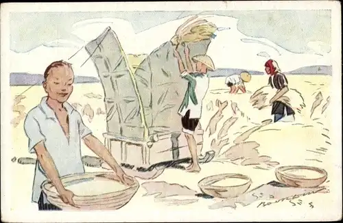 Künstler Ak Vietnam,  Le Riz d'Indo-Chine, Battage du riz