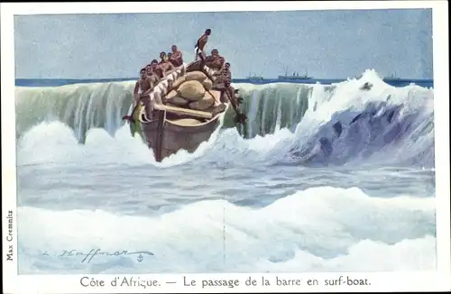 Künstler Ak Haffner, Côte d'Afrique, Le passage de la barre en surf boat