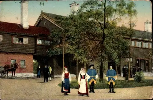 Ak Schwedische Volkstrachten, Gebäude, Fuhrwerk, Pferd