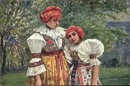 Künstler Ak Zwei Frauen in tschechischer Tracht, Blühende Bäume