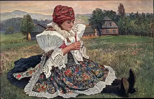 Künstler Ak Frau in tschechischer Tracht, Blumenwiese