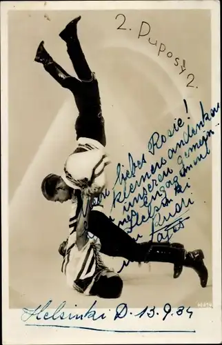 Ak Tänzer und Akrobaten Rudi und Lajos Puposy, Helsinki 1934, Autogramm