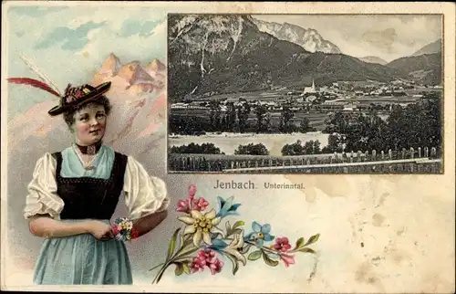 Präge Passepartout Ak Jenbach in Tirol, Blick auf den Ort, Unterinntal, Frau in Tracht