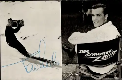 Ak Schauspieler und Skirennläufer Toni Sailer, Portrait auf Skiern mit Akkordeon, Der schwarze Blitz