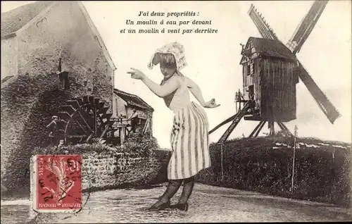 Ak Frankreich, Frau in Tracht, Windmühle, Wassermühle