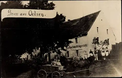 Foto Ak Oelsen Bad Gottleuba in Sachsen, Gasthof zum Erbgericht, Fuhrwerk, Anwohner